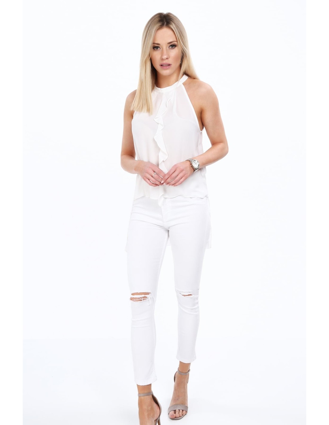 Creamy elegant blouse with a ruffle MP28445 - Online store - Boutique